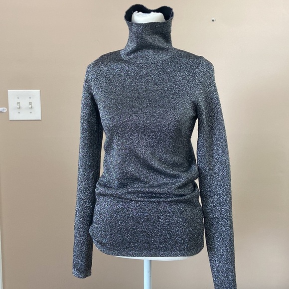 Sandro- Metallic Silver Stretch Knit Turtleneck Top - Picture 2 of 10